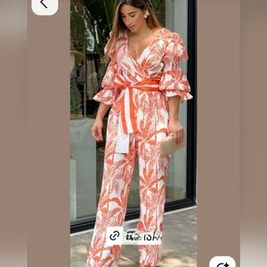 Orange and White Leaf Print Jumpsuit Large